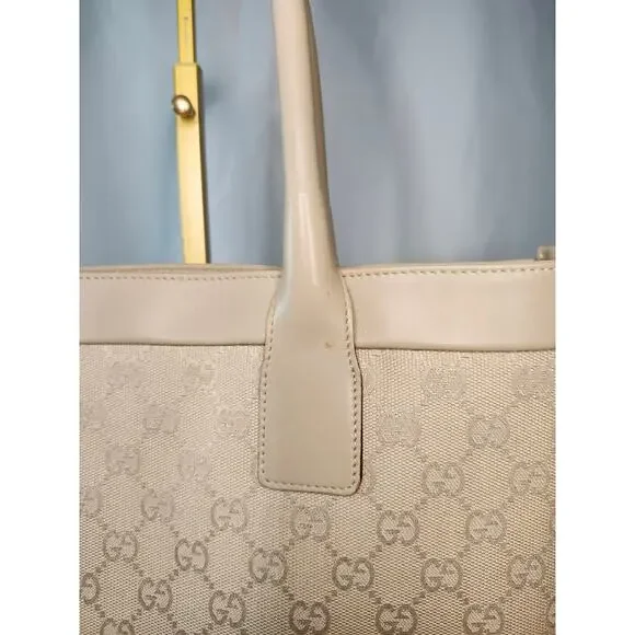 SOLD Gucci GG Monogram Canvas Tote Light Beige Leather Large Shopper Shoulder - Picture 4 of 16